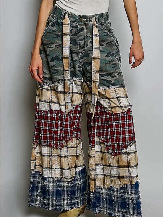 POL Pants - NEW POL : Patchwork Wide-Leg Plaid & Camo Pants
